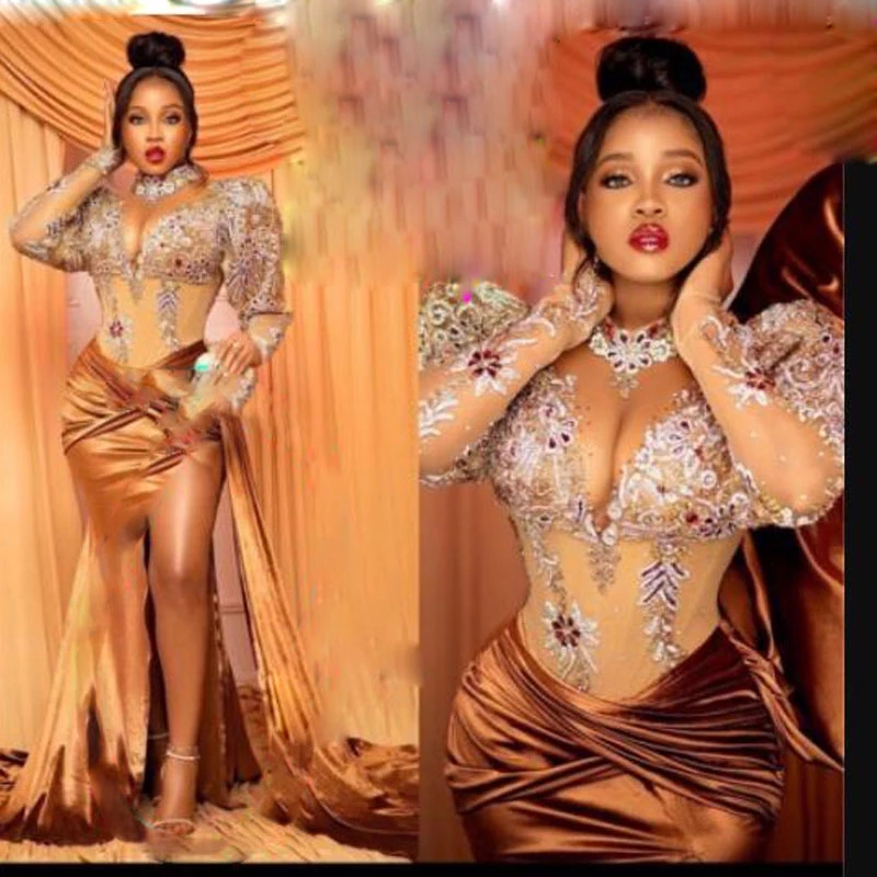 Arabic Mermaid Evening Party Dresses Sexy Slit Plus Size Long Sleeve Sheer Neckline Beads Crystals Appliques prom reception gown