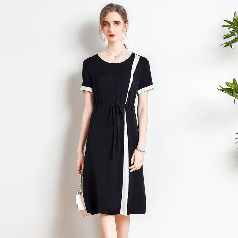 92.3% Heavy Silk 7.7% Spandex Women's Dress O Neck Short Sleeves Lace Up Color Block Elegant Fashion Runway Dresses