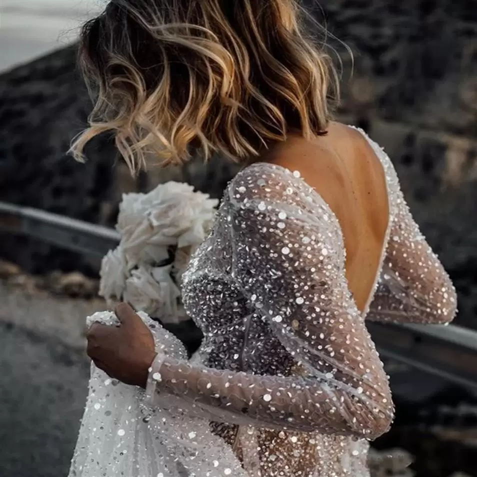 Sparkly Glitter A-e Dresses Sexy V Neck Long Sleeve Lace Sequins or Length Train Illusion Tulle Boho Wedding Gowns Plus Size Pearls Backless