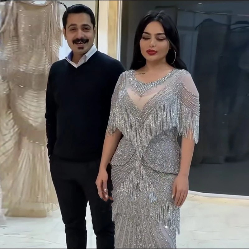 Luxury Dubai Crystal Tassel Silver Evening Dresses sparkly aso ebi Mermaid Arabic dubai peplum Long Gold Prom engagement reception Party Gown Yousef A