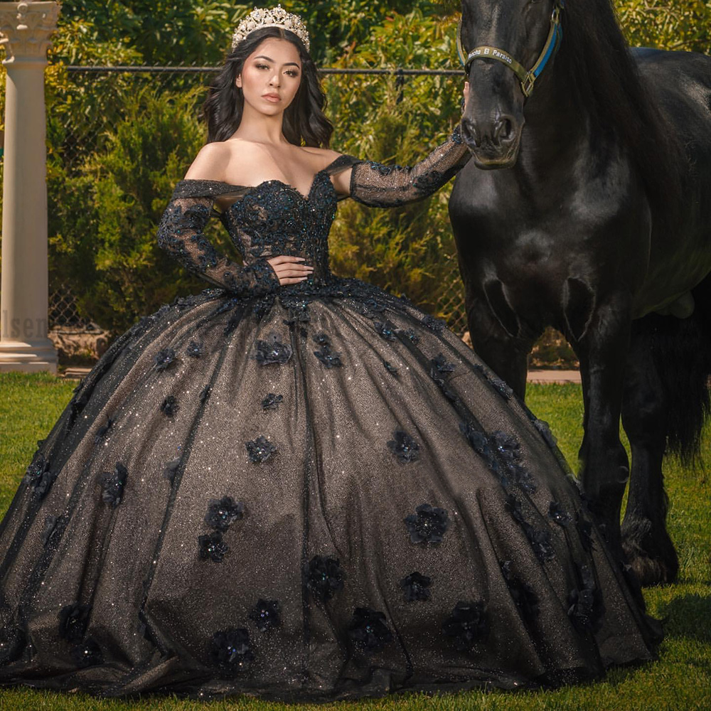 Black vestidos de 15 anos Quinceanera Dresses Long Sleeves Floral Flowers Girl Sweet 16 Charro Mexican Birthday Wear
