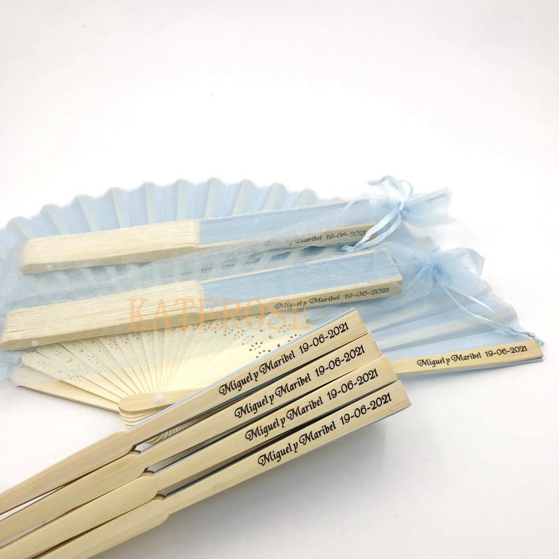 Light Blue Silk Fabric Hand Fan Customized Wedding Party Decoration Favors Small Foldable Fans Printing Text