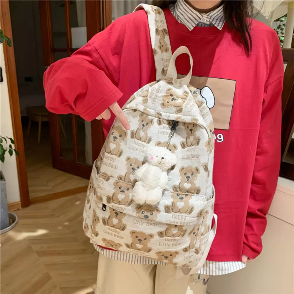 Casual Preppy Style Canvas Fashion Cartoon Bear Printing Women Backpack Large Capacity School Bags Rucksack Knapsack For Ladies