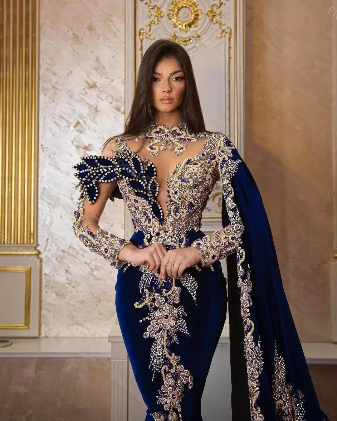 2023 Custom Made Velvet Royal Blue Mermaid Prom Dresses Beads Long Sleeves High Neck Birthday Party Prom Evening Gowns with Shawl