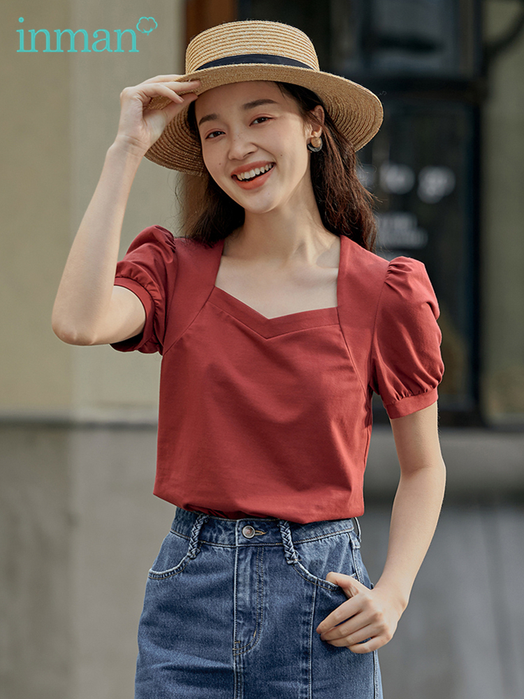 INMAN Womens Tshirt Elegant Fashion Woman Blouses Square Collar Clothes Short Puff Sleeve Pure Color Top Women 220527