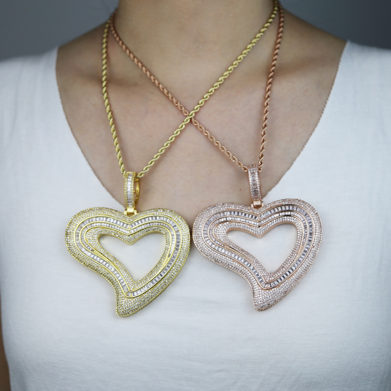 Iced Out Bling 5A CZ Big Hollow Heart Pendant Necklace Micro Pave Baguette Cubic Zirconia Tennis Chain HipHop Women Men Jewelry