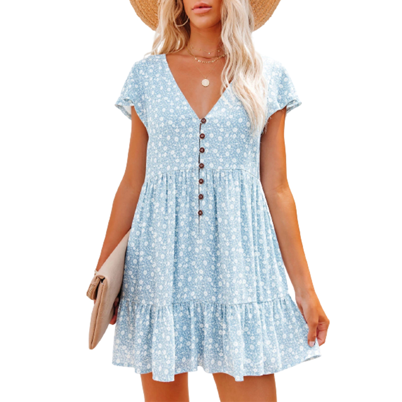 Women Summer Tunic Casual Dresses V-Neck Short Sleeve Button Printed Floral Loose Mini Dress, Sky blue
Women Summer Tunic Casual Dresses V-Neck Short Sleeve Button Printed Floral Loose Mini Dress, Sky blue