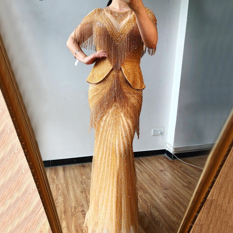 Luxury Dubai Crystal Tassel Silver Evening Dresses sparkly aso ebi Mermaid Arabic dubai peplum Long Gold Prom engagement reception Party Gown Yousef A