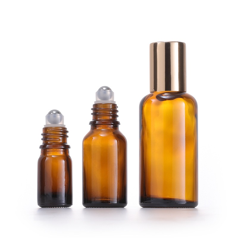 Amber Glass Roll On Bottles with Stainless Steel Roller Ball Black/Gold Cap for essential Oil Perfume Portable Size 5ml 10ml 15ml 20ml 30ml 50ml 100ml