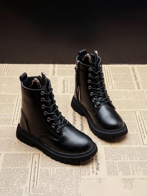 Boys Lace-up Front Side Zipper Combat Boots SHE