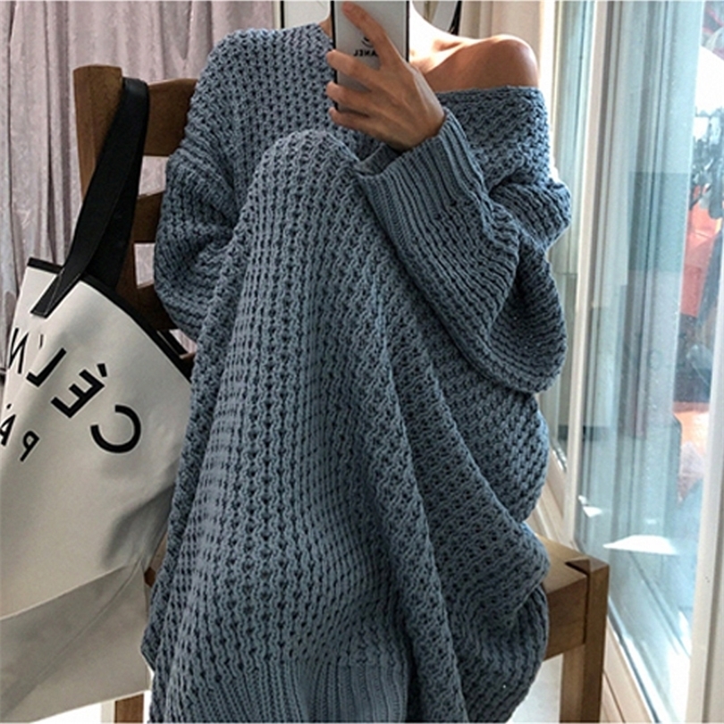 BGTEEVER Fashion Oversize Autumn Winter Long Sweater Dress Women Batwing Sleeve Female Vneck Loose Knitted Pullovers Dress Chic 201008