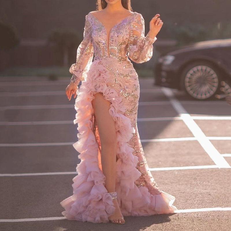 Evening Party Women Elegant Sexy V Neck Split Side Ruffles Pink Dress Night Club Prom Wedding Long Maxi Plus Size Free shipping