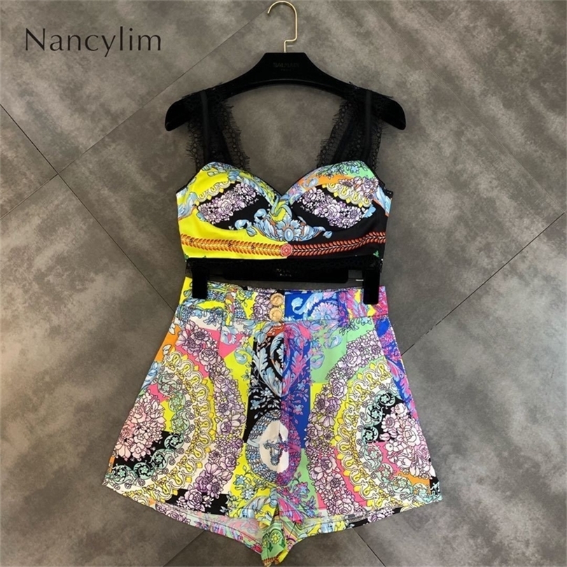 Summer New Lace Shoulder Strap Color Vest with High Waist Shorts Set Girl Holiday Seaside Two Piece Sets Outfit Nancylim Women T200325