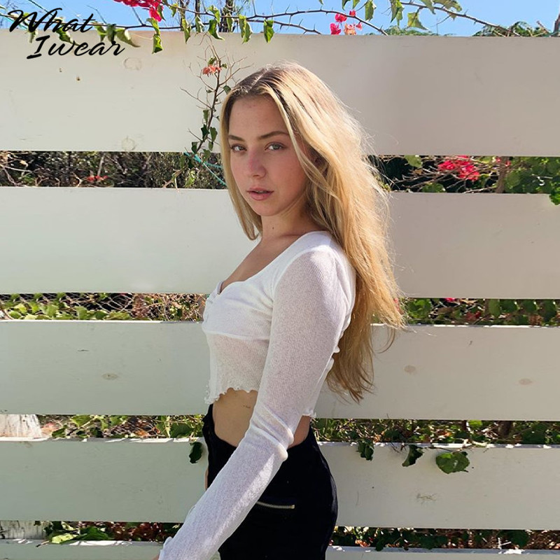 Whatiwear Women Fashion Sexy See Through T-shirts Full Sleeve Solid Female Square Collar Tees Slim Lady Streetwear Autumn 220321