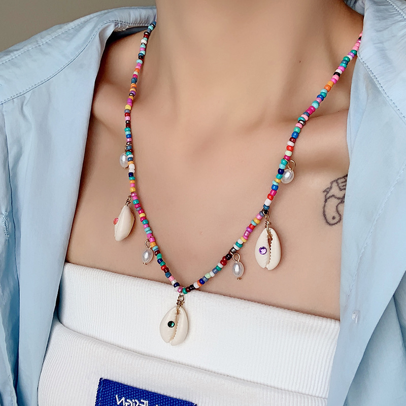 Bohemian Style Small Glass Beaded Pearl Shell Charm Necklace Summer Beach Style Jewelry