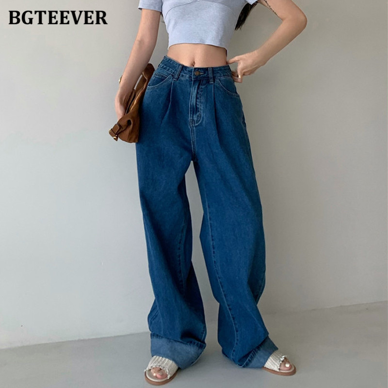 BGTEEVER Casual Loose Wide Leg Jeans Trousers for Women Summer Ladies Straight Pantalon High Waist Button Female Denim Pants 220815