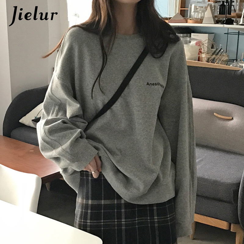 Jielur Kpop Letter Hoody Fashion Korean Thin Chic Women's Sweatshirts Cool Navy Blue Gray Hoodies for Women M-XXL 220817