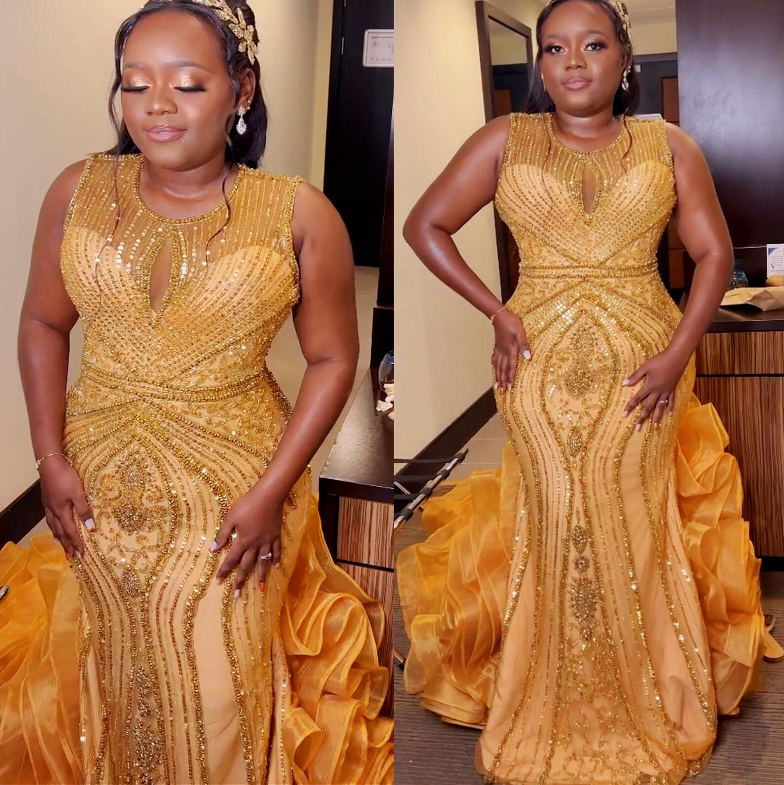 Plus Size Arabic Aso Ebi Luxurious Mermaid Gold Prom Dresses Sheer Neck Evening Formal Party Second Reception Birthday Engagement Gowns Dress ZJ506