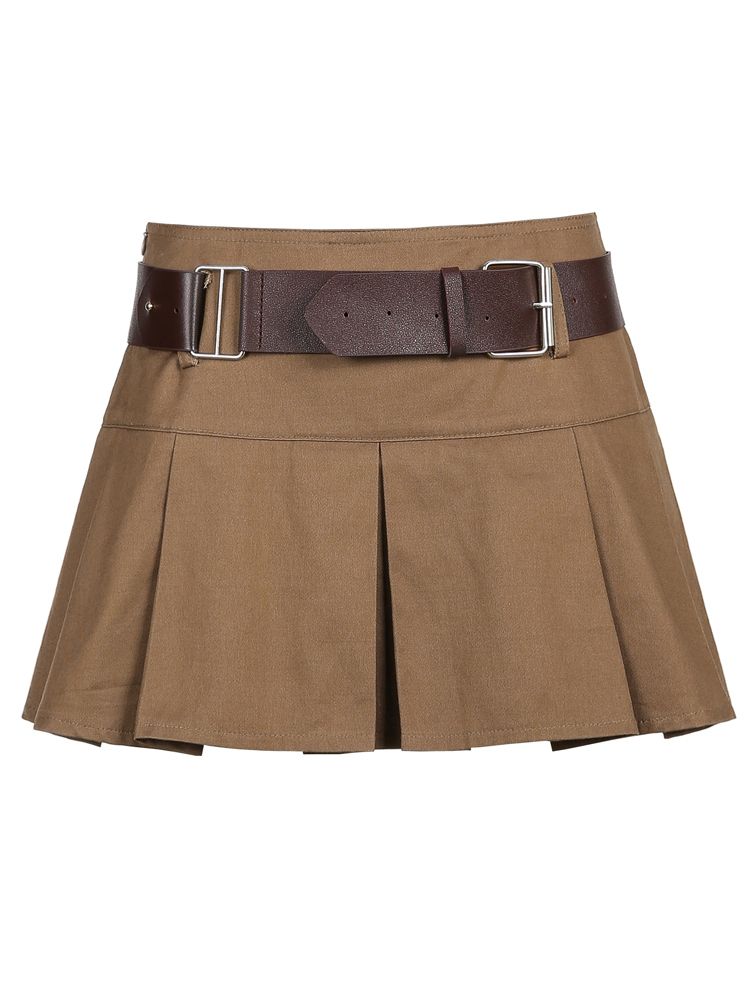 HEYounGIRL Casual Brown Pleated Mini Skirt Ladies High Waisted Short Skirts Womens with Belt Korean Fashion 90s Summer Street 220701