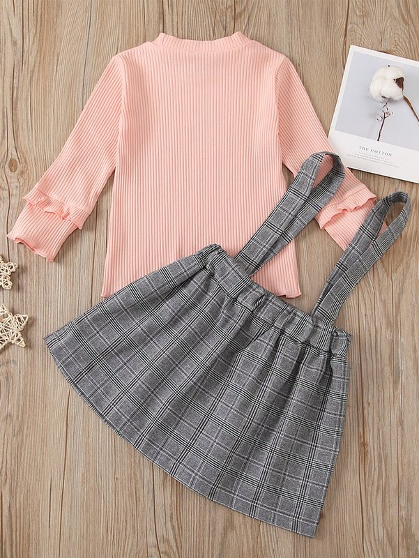 Toddler Girls Rib-Knit Tee & Plaid Bow Front Pinafore Skirt Set SHE