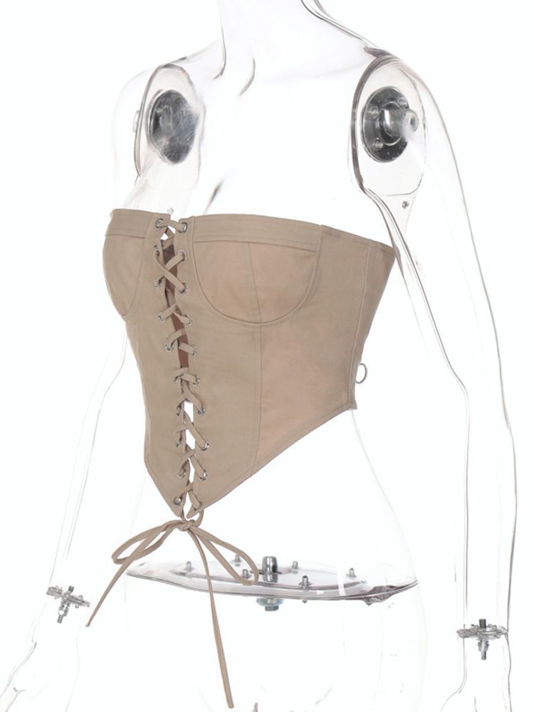 Willshela Women Fashion Solid Lace Up Bandage Cropped Tops Vintage Strapless Slim Fitting Sexy Female Chic Lady Top 220316