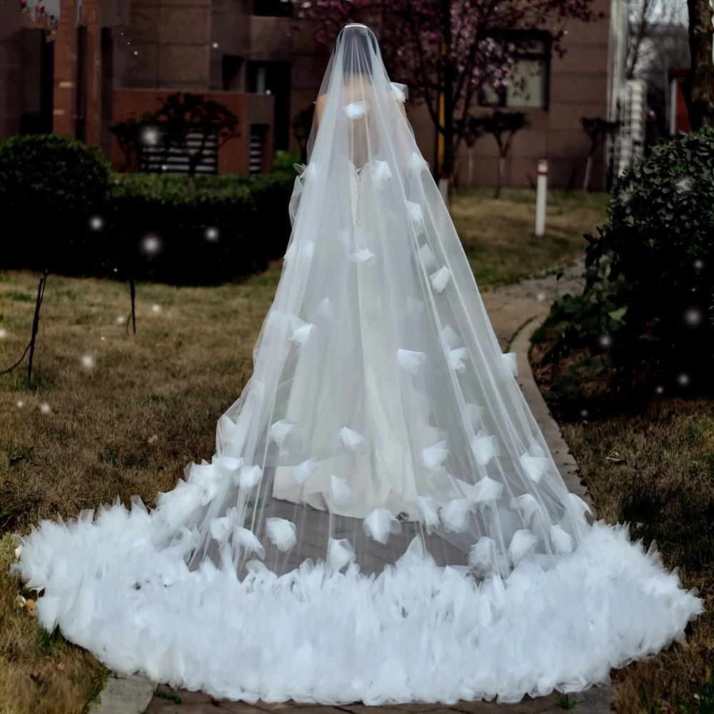Wedding Veil Blusher Soft Tulle Veils 2 tier Cathedral Length Bride 3M 5M Flowers Veil with comb Bridal Veu de
