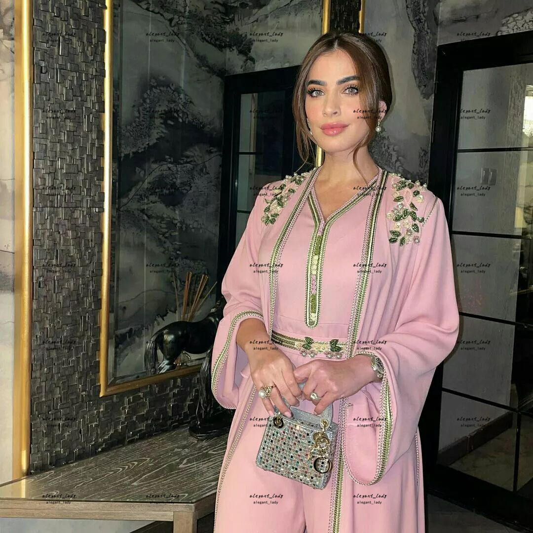 Pink Prom Jumpsuit Dresses Combination MashaAllah Long Sleeve Coat Jacket Floral Caftan Kaftan Outfit Evening Gown pant suit