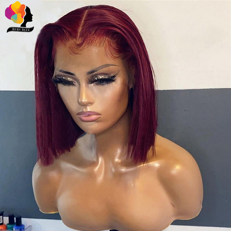 Burgundy Red Colored 13x4 Lace Frontal Wig Short Straight Bob Cut Lace Front Synthetic Wigs Preplucked For Women