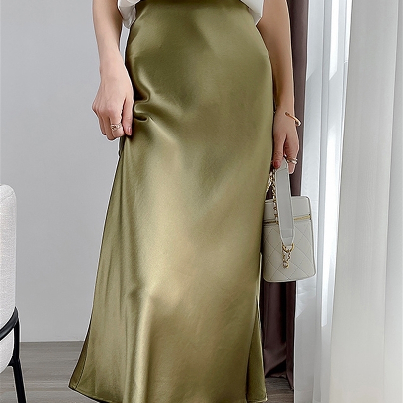 Satin Silk Skirts for Women Summer Korean Fashion Balck Midi A-line Long Beautiful Gril Skirt Blue High Waist Female 220317