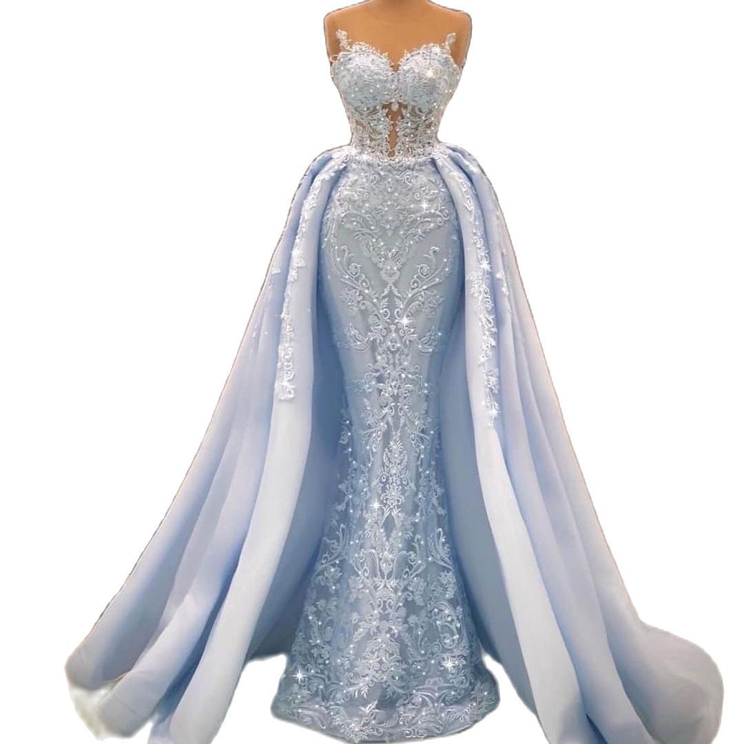 Sky Blue Mermaid Prom Dress 3D Floral Appliques Strapless Beads Evening Dresses Birthday Party Special Occasion Gowns