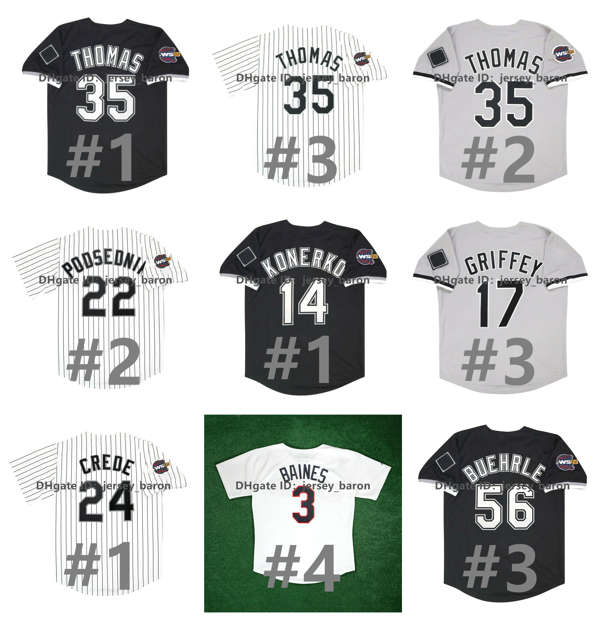 Frank Thomas White Sox Baseball Jersey Chicago Ken Griffey Jr. Paul Konerko Bo Jackson Scott Podsednik Joe Crede Juan Uribe Jermaine Dye Black White Grey Size S-4XL