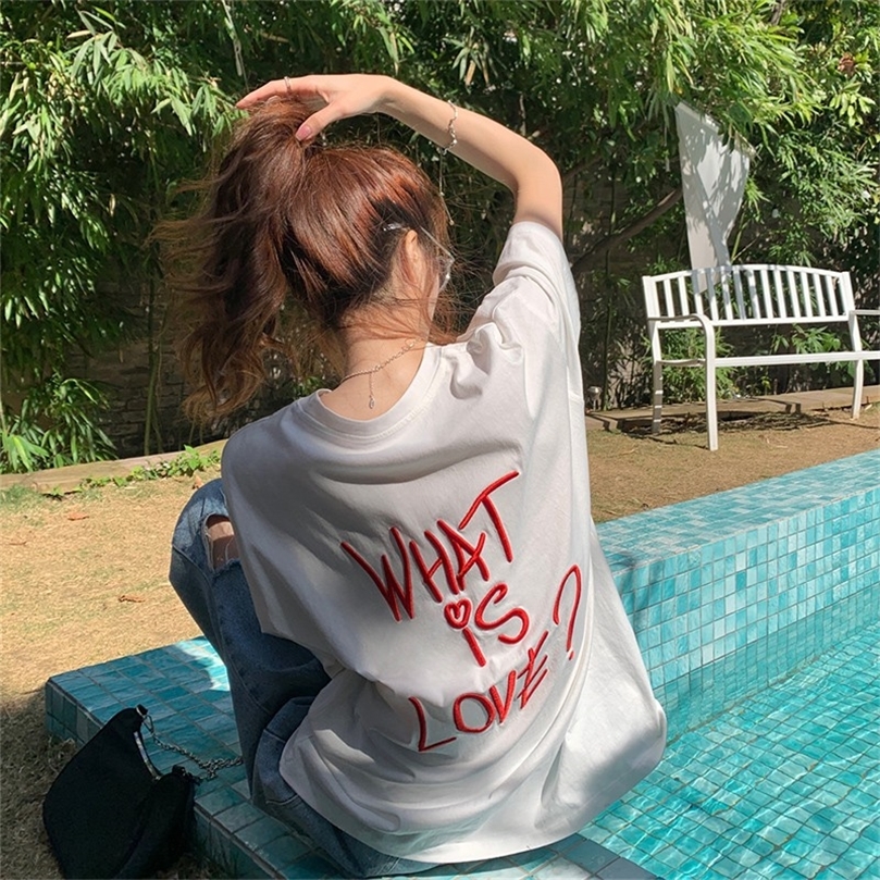 Arrival Korean Style Summer Women Casual Loose Short Sleeve T Shirt Letter Oneck Embroidery Cotton Tshirt V347 220527