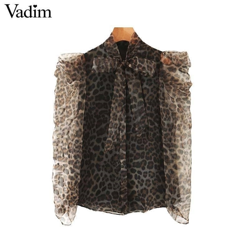 women Organza leopard print blouse long sleeve animal pattern bow tie cute shirts female see through tops blusas LB564 T200320