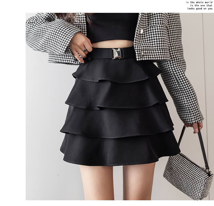 New design womens high waist cake layered ruffles patchwork cute sexy short black color skirt with safety shorts inside SMLXL