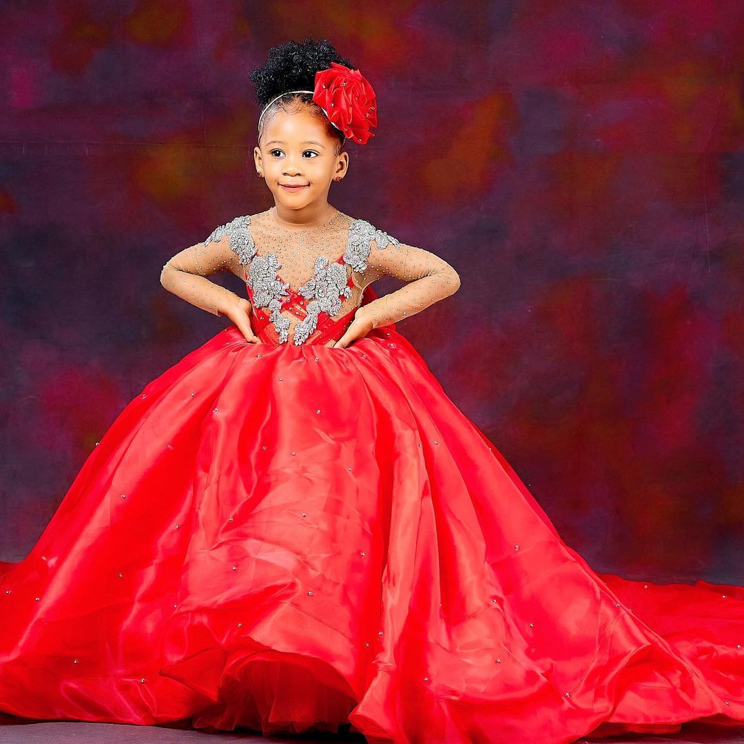 Luxurious Red Crystals Flower Girl Dresses Sheer Neck Ball Gown Little Girl Wedding Dress Communion Pageant Gowns ZJ555