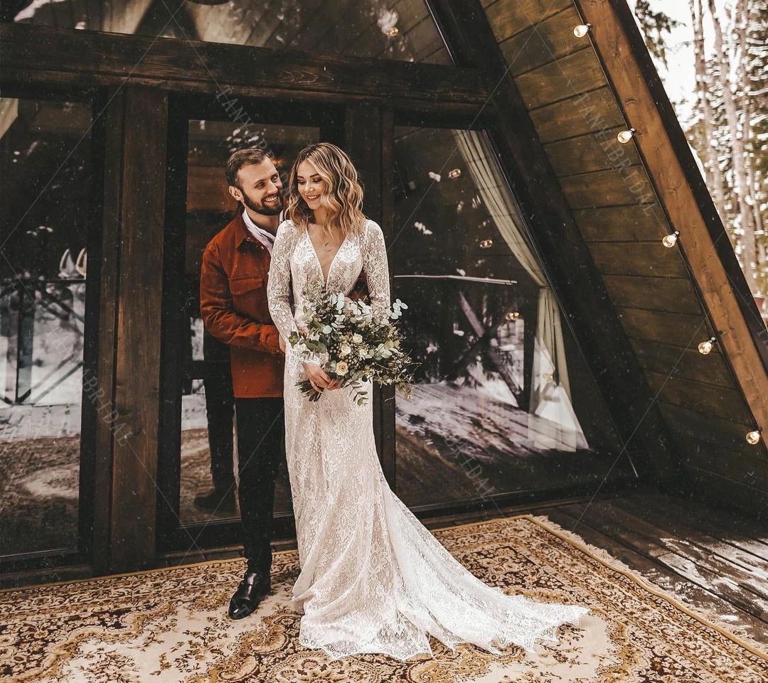 Bohemian beach Lace Wedding Dresses Long Sleeve western country cowgirl Bridal Gowns V-Neck Fashion Vestido De Noivas