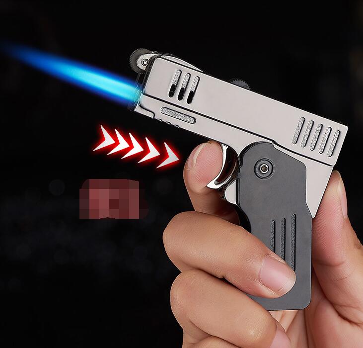 Creativity Double Fire Deformation Pistol Butane Torch Lighter Jet Windproof Cigarette Flint Grinding Wheel Lighters NO GAS 8 Colors W260202