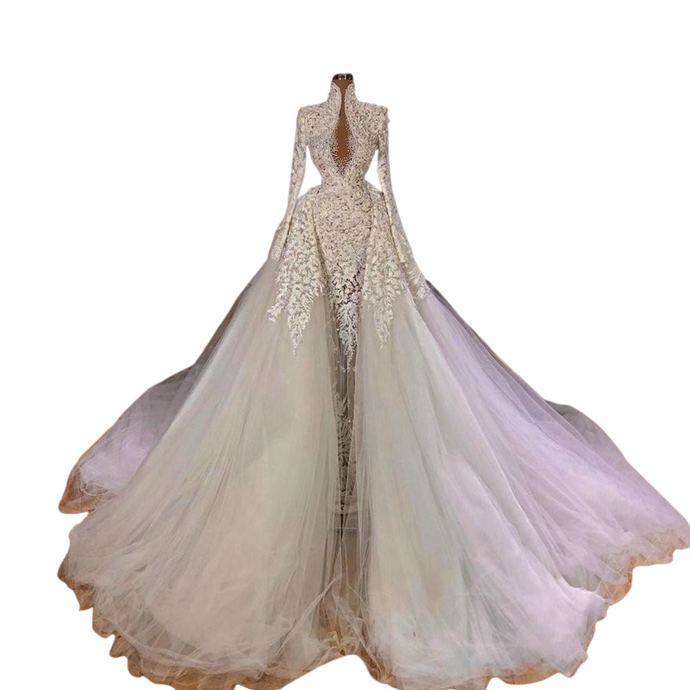 Arabic Aso Ebi Luxury Mermaid Wedding Dresses with Detachable Train High Neck Long Sleeve Lace Pearls Princess Bridal Gown robes de mariée