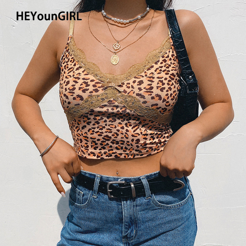 HEYounGIRL Patcwhork Lace Leopard Spaghetti Strap Top Sleeveless 90s Crop Tee Frill Sexy Cami Summer Streetwear 220325