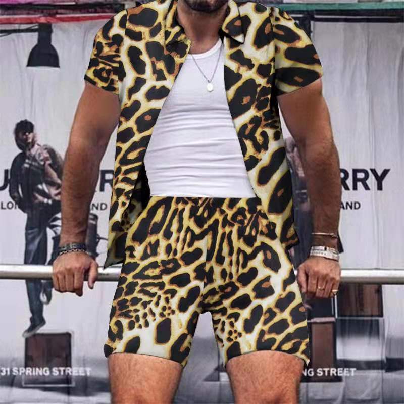 Leopard Tiger Print Sets Men Casual Hawaiian Short Sleeve Shirts Shorts Suits Quick Dry Beach 2 Pieces Plus Size 220621