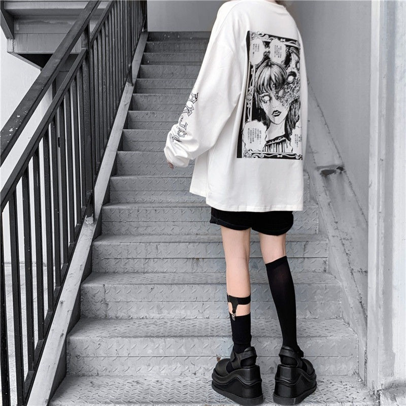 QWEEK Gothic White T-shirt Women's Harajuku Long Sleeve Mall Goth Top Vintage Grunge Alt Clothes Aesthetic Kpop Korean 220321