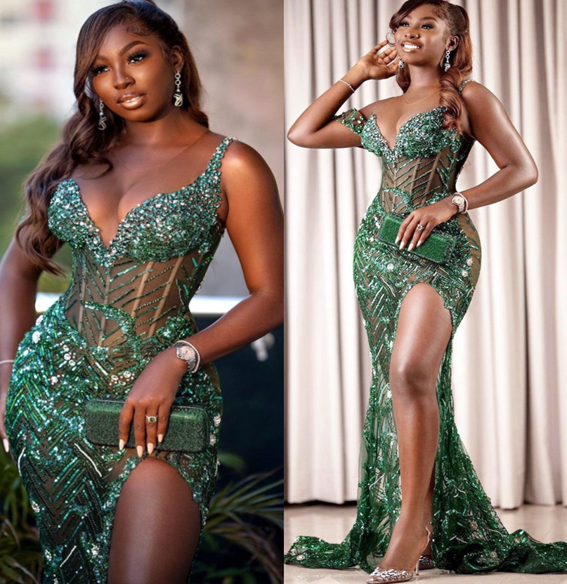 Plus Size Arabic Aso Ebi Green Mermaid Sparkly Prom Dresses Sheer Neck Beaded Evening Formal Party Second Reception Birthday Engagement Gowns Dress ZJ