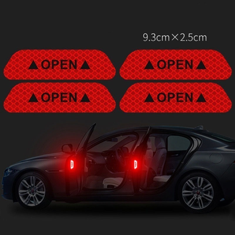 4Pcs Car Door OPEN Reflective Stickers Safety Warning Mark OPEN Tape Motorcycle Bike Auto Accessories Exterior Door Decals DIY