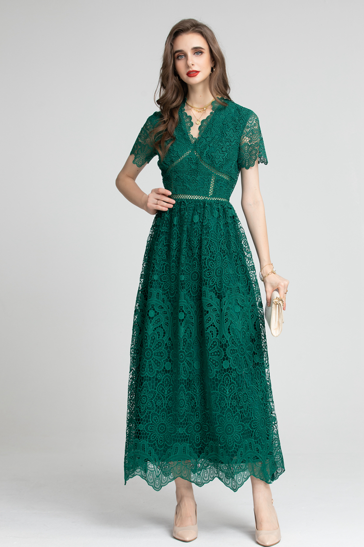Women's Runway Dresses V Neck Short Sleeves Embroidery High Street Fashion European Style Lace Dress Vestidos