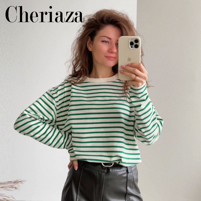 Spring Autumn Women Crew Neck Classic Style Green Striped T shirt Casual O neck Long Sleeve Oversized Female Top 220714