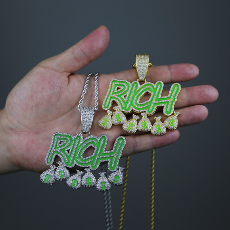 Iced out punk style glowing letter Pendant paved full cubic zircon Rich $ dollar with long rope chain necklace for men lady boy hip hop jewelry wholes