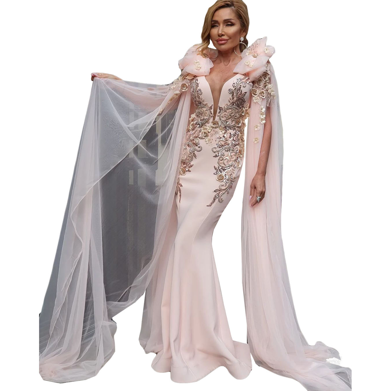 Elegant Pink Mermaid Evening Dresses 3D Flower Ruffles Lace Appliques Beads Prom Dress Pageant Gown Custom Made