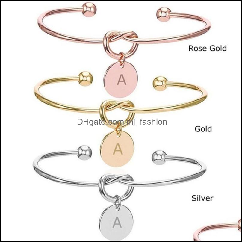 Charm Bracelets Jewelry 26 Letters Open Adjustable Wire Cuff Bracelet Alphabet Heart Knot Bangle For Women Q348Fz Dtd