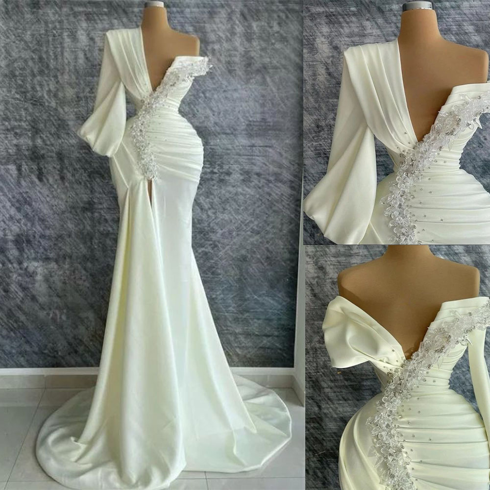 Elegant Mermaid Wedding Dresses Long Sleeve One Shoulder Appliques Sequins Beads V Neck Front Slit Sweep or Train Lace Illusion Custom Made Bridal Dre