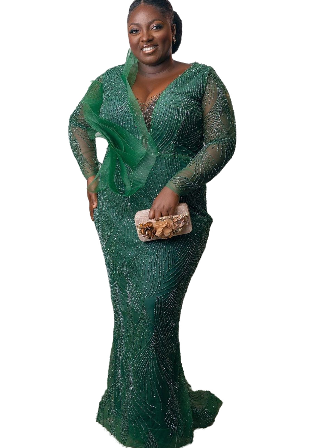 Plus Size Arabic Aso Ebi Green Mermaid Luxurious Prom Dresses Beaded Sheer Neck Evening Formal Party Second Reception Birthday Engagement Gowns Dress 